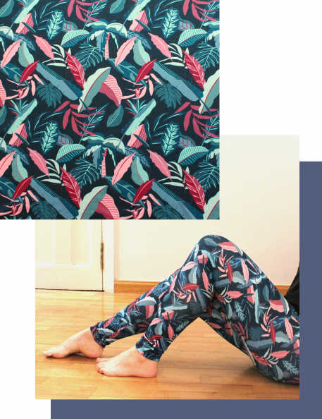 tela lycra estampada tropical azul marino para ropa de baño o leggings