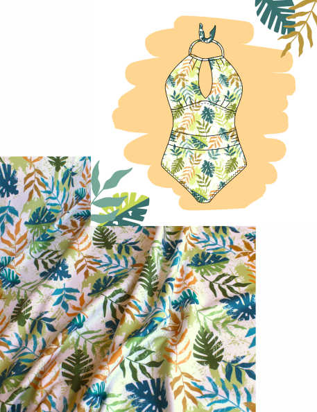 tela licra estampada hojas tropicales verdes amarillas y azules