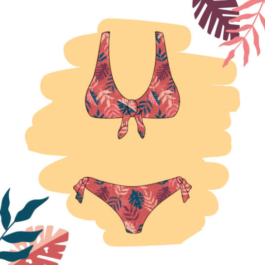 Tela de lycra elástica roja para ropa de baño estampado tropical hojas