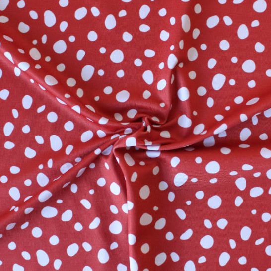 Tela de lycra elástica estampado rojo manchas lunares para confeccionar ropa de baño