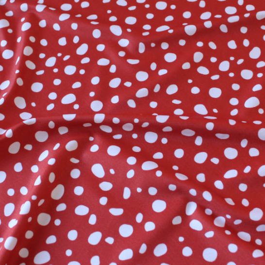 Tela de lycra elástica estampado rojo manchas lunares para bañadores o bikinis