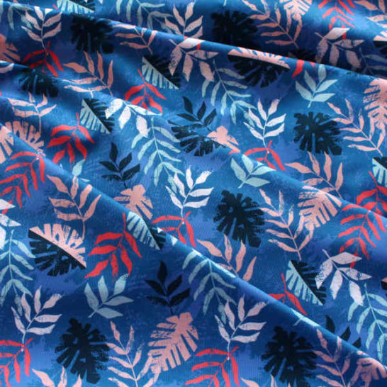 Tela de lycra azul estampado de diseño tropical para bañadores o bikinis