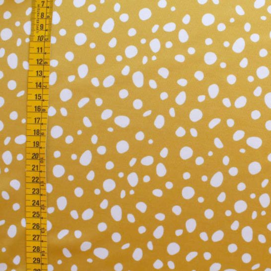 Tela de lycra elástica estampado amarillo mostaza manchas lunares para ropa de baño