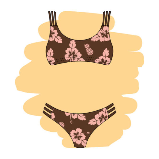 mockup bikini tela estampada hawaiana con flor de hibiscus