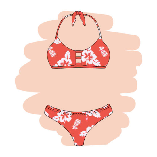 mockup bikini tela estampada hawaiana con flor de hibiscus