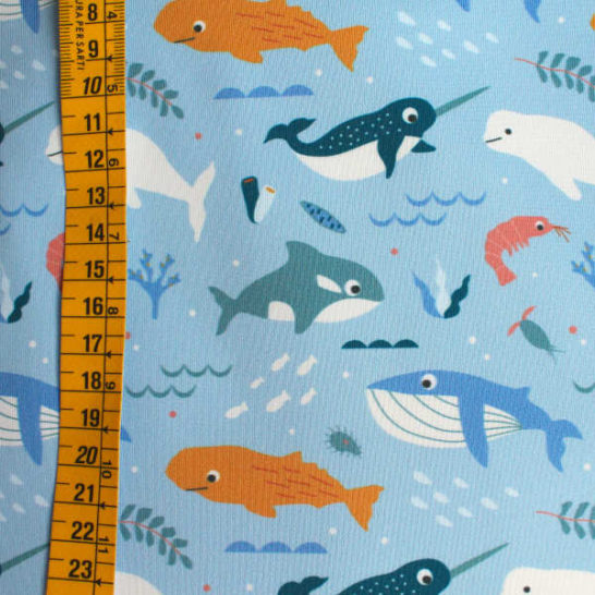 Tela de lycra estampado animales del mar para bañador infantil