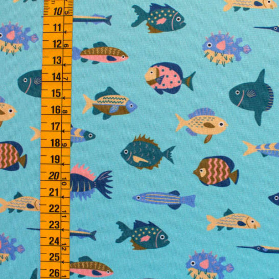 Tela de lycra bañador infantil estampado divertido de peces