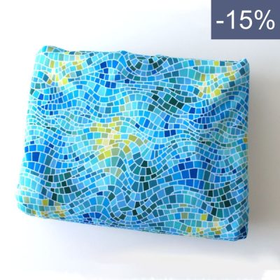 retal de tela de lycra con estampado de mosaico pequeño azul y amarillo